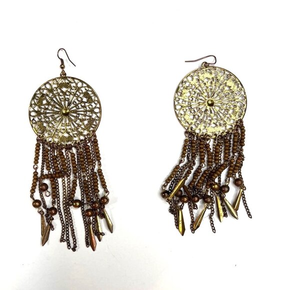 Vintage Gold Filigree Dreamcatcher Dangle Earrings With Bead & Chain Fringe A250 - Picture 4 of 12